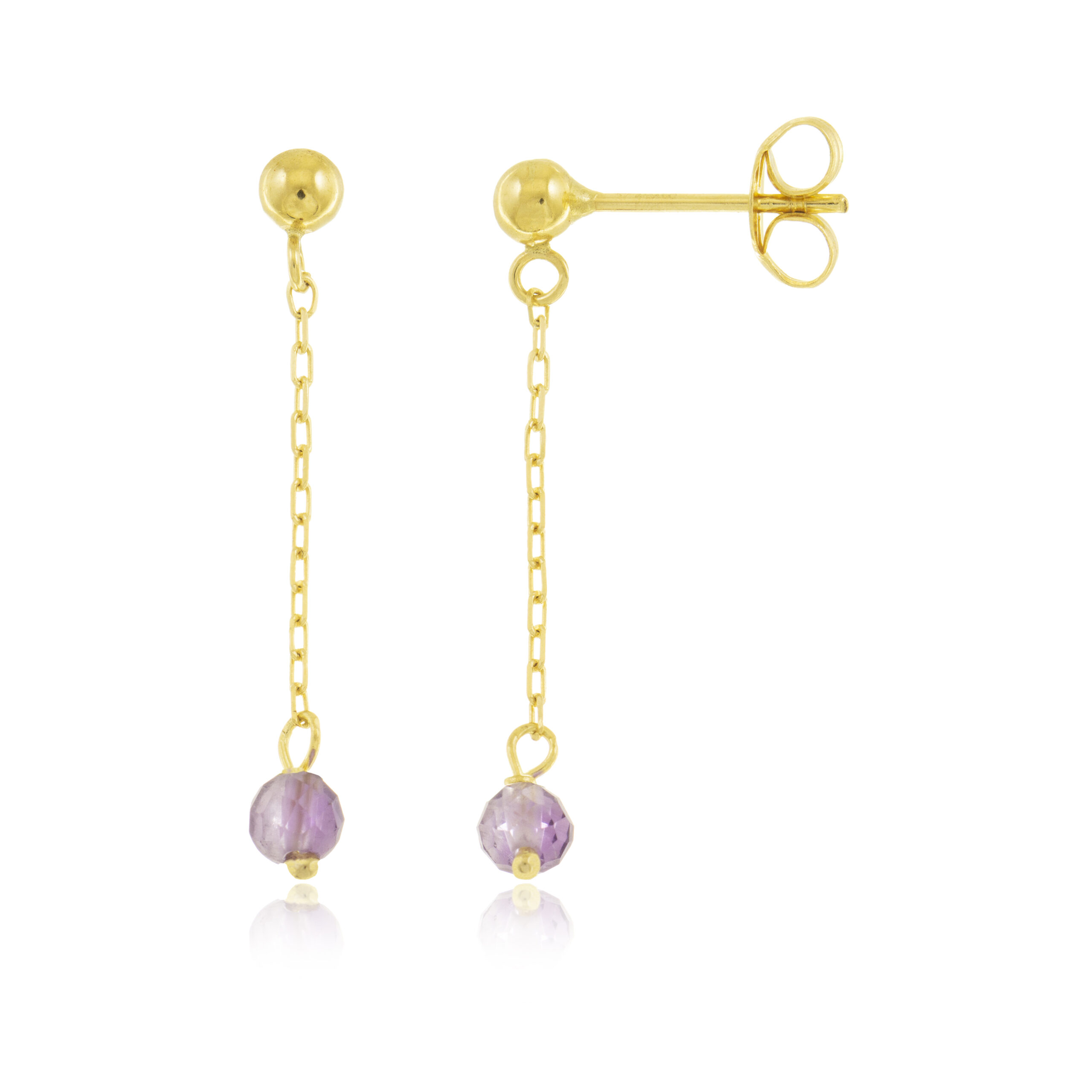 Foto de producto con fondo blanco que muestra pendientes de oro 18k largos para mujer con piedra amatista