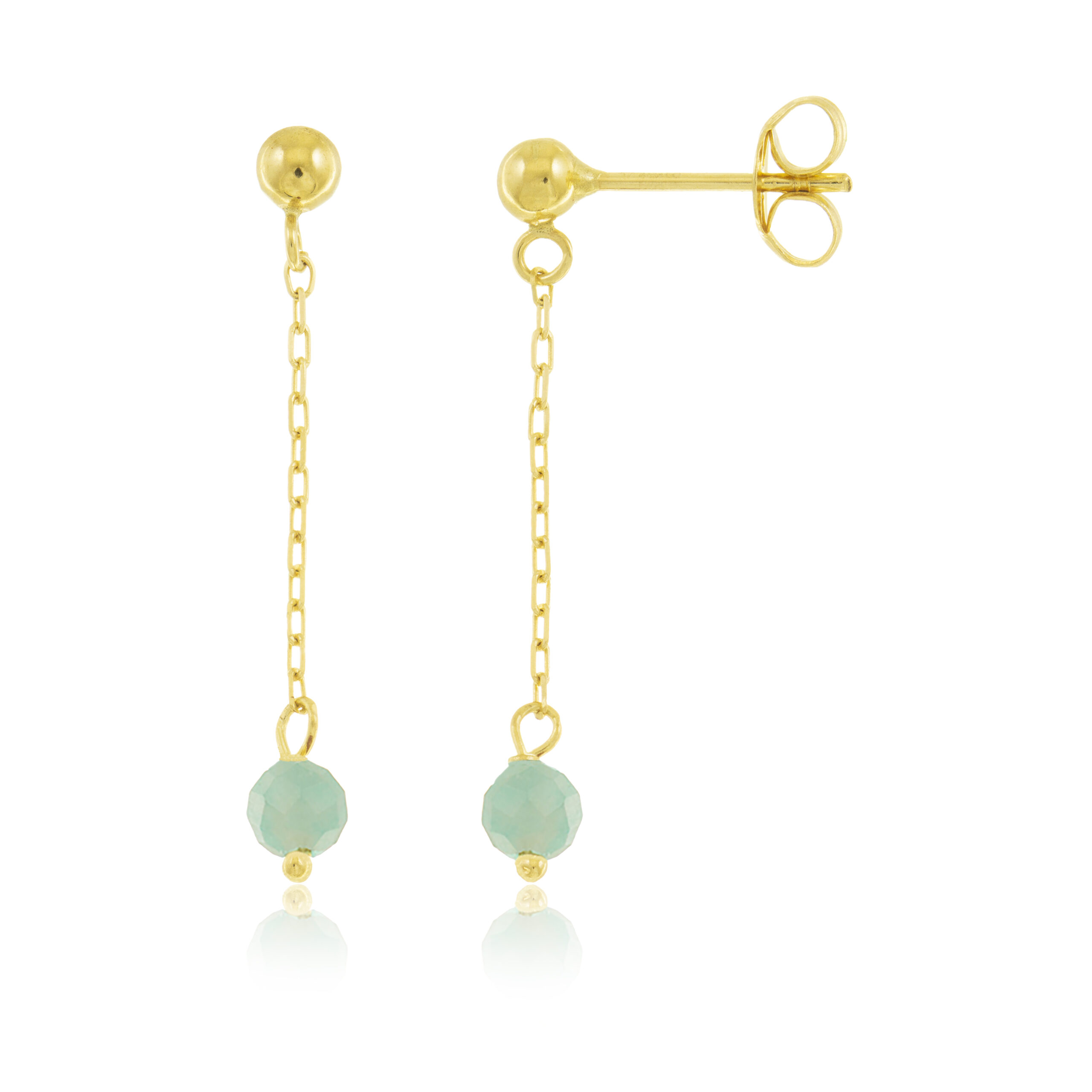 Foto de producto con fondo blanco que muestra pendientes de oro 18k largos para mujer con piedra amazonita