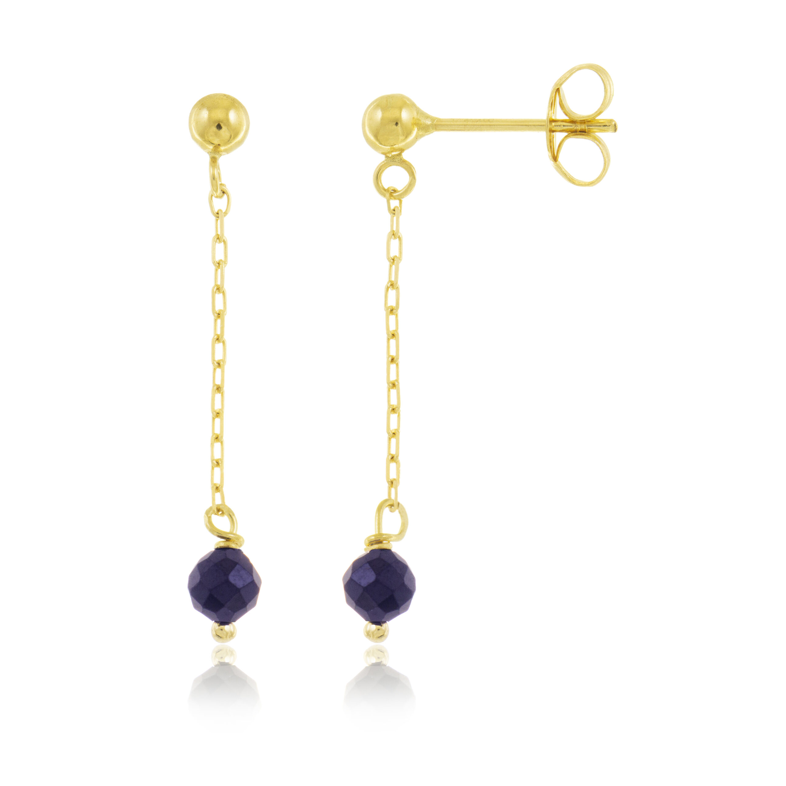 Foto de producto con fondo blanco que muestra pendientes de oro 18k largos para mujer con piedra lapilászuli