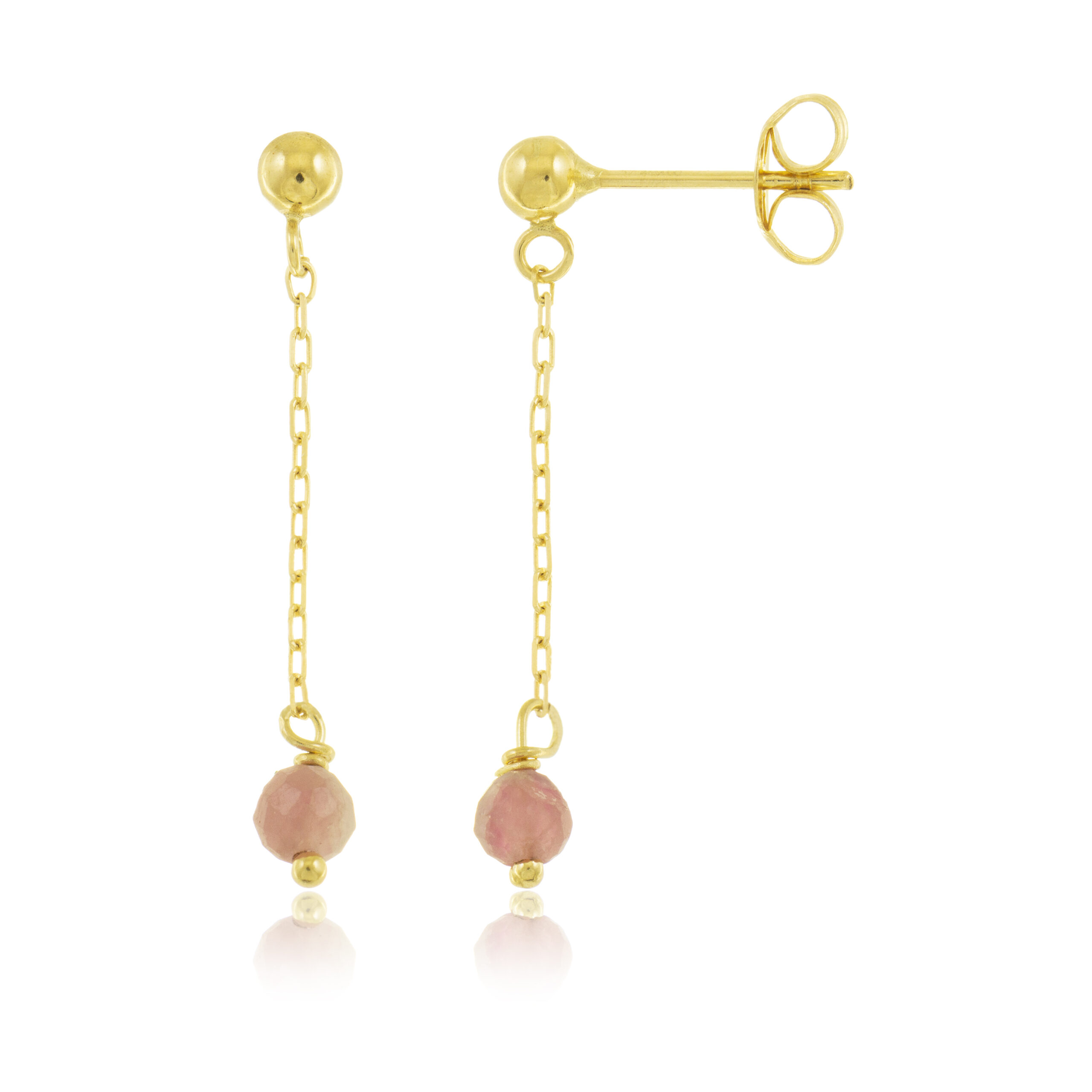 Foto de producto con fondo blanco que muestra pendientes de oro 18k largos para mujer con piedra turmalina rosa