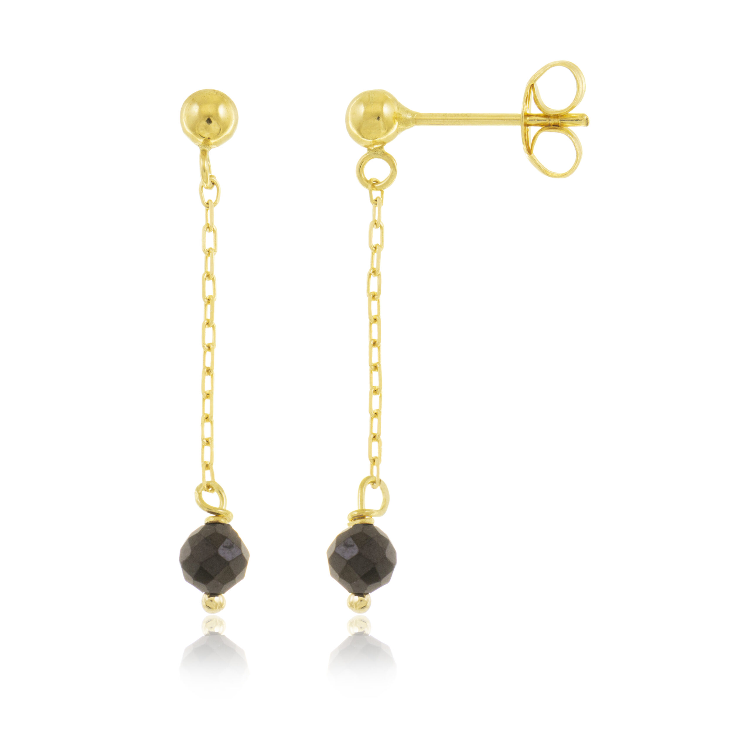 Foto de producto con fondo blanco que muestra pendientes de oro 18k largos para mujer con piedra Onix