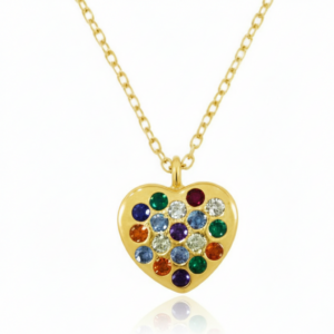 Collar de oro 18k con dije de corazón y circonitas multicolor en oro 18k