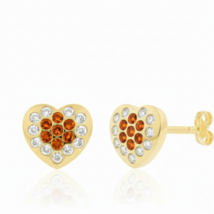 Pendientes Corazón con circonitas Blancas y Naranjas en Oro 18k