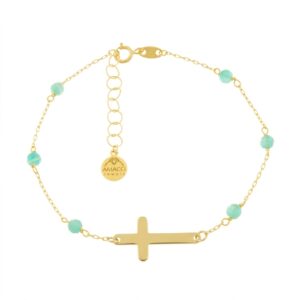 Pulsera Oro 18K Piedra Natural Amazonita con cruz de oro
